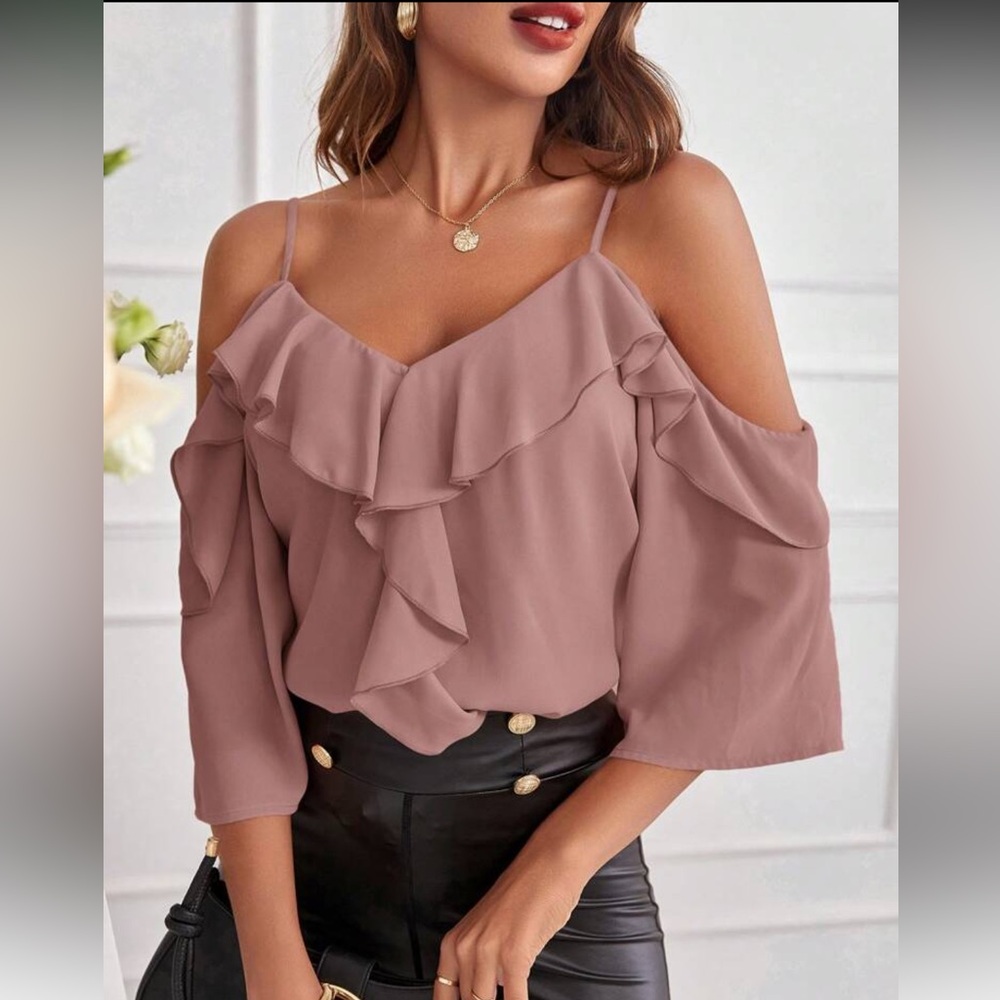 Elegant Red Ruffle Cold Shoulder Top - Picture 14 of 16